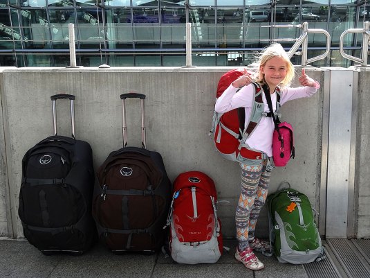Zoe with our rucksacks at Heathrow