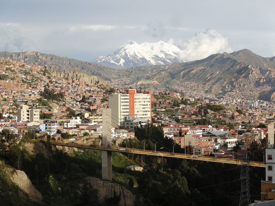 The amazing view from our apartment of La Paz city and Mount Illimani