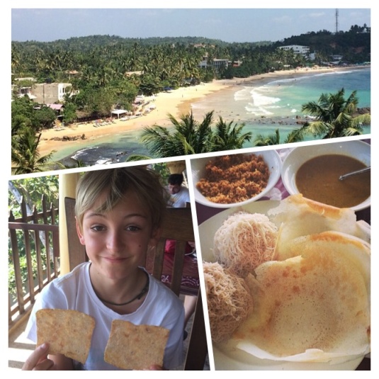 Beautiful Mirissa Beach and the view from our hotel with typical Sri Lankan breakfasts - hoppers, string hoppers and an interesting sample of baken - which came with eggs but apparently isn't bacon:)
